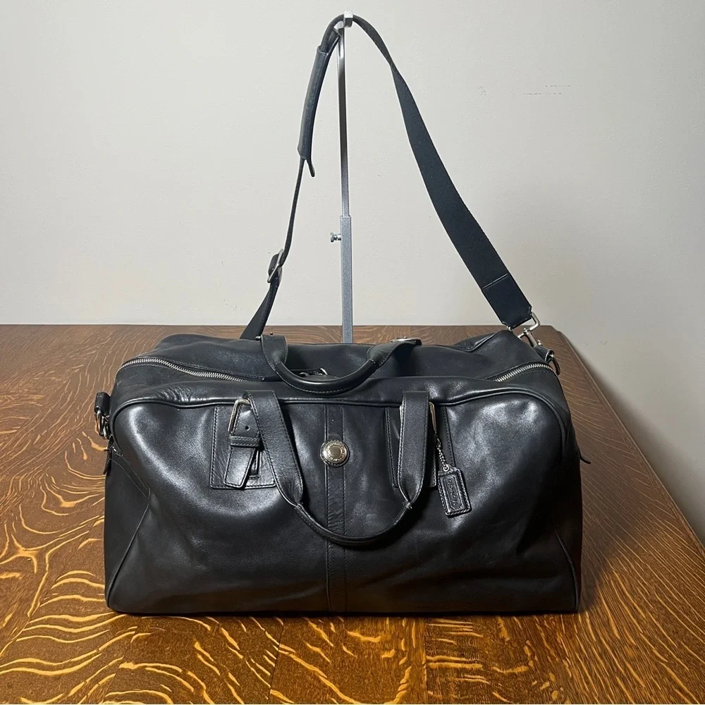 Coach Black Leather Voyage Weekender Travel Bag w/COA